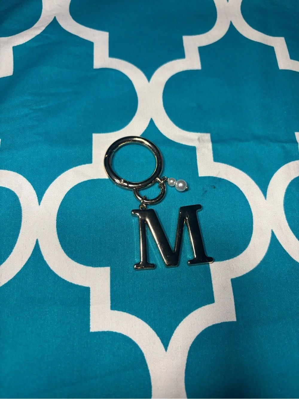 New Gold Letter M Keychain with Pearl Accent
